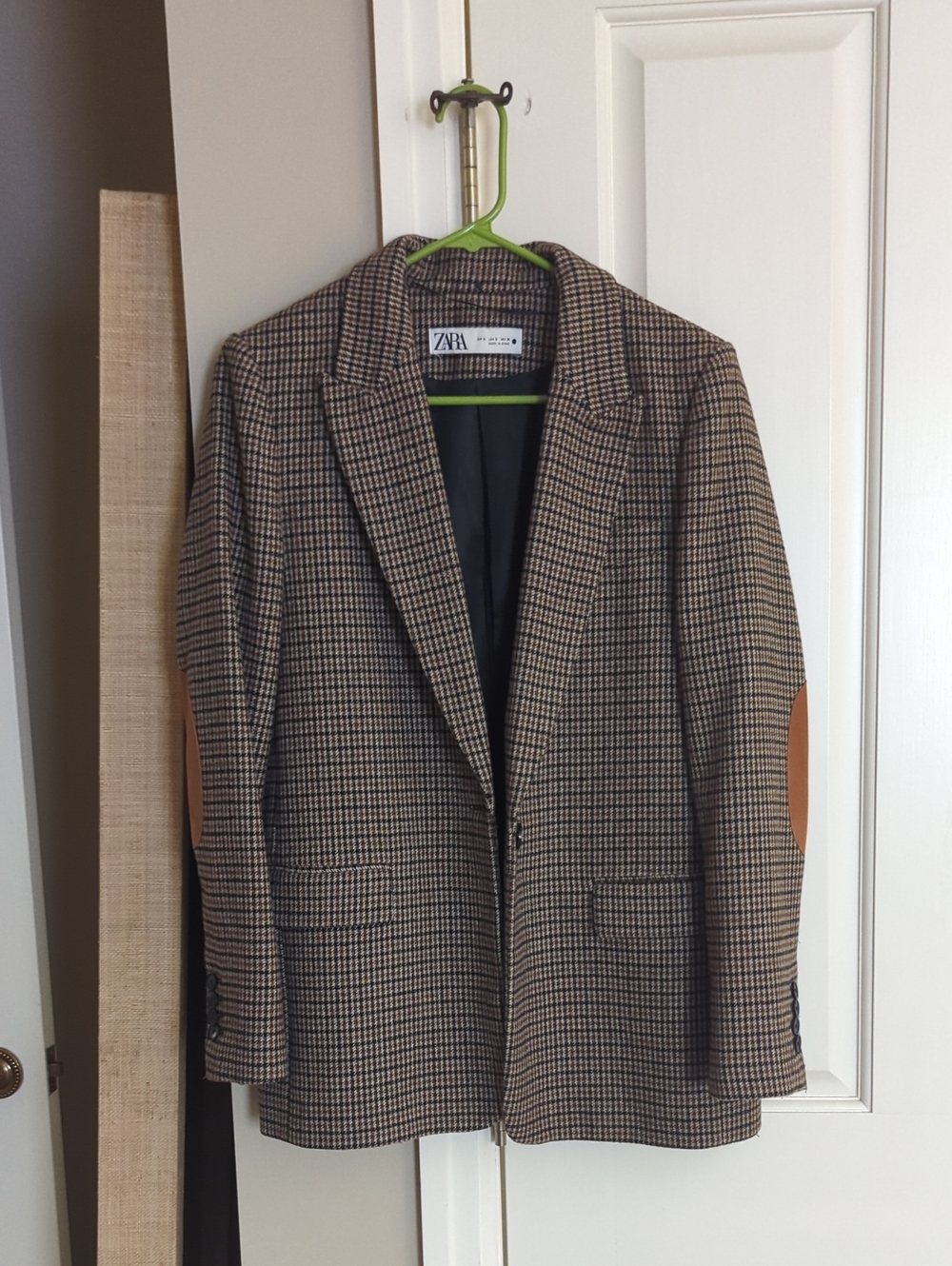 ZARA Women's Brown Houndstooth Blazer with Elbow Patches